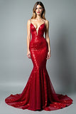 Sparkly Sequined Red Mermaid V Neck Long Prom Dress