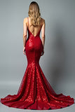 Sparkly Sequined Red Mermaid V Neck Long Prom Dress