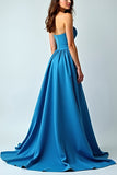 Blue Sweetheart A Line Long Wedding Guest Dress with Slit