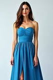 Blue Sweetheart A Line Long Wedding Guest Dress with Slit