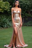 Champagne Metallic Off the Shouder Sheath Long Prom Dress with Slit