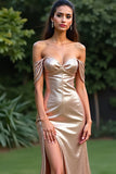 Champagne Metallic Off the Shouder Sheath Long Prom Dress with Slit
