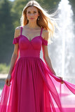Fuchsia Cold Shoulder Flowy A Line Long Bridesmaid Dress