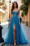 Blue Strapless Sweetheart A Line Long Prom Dress with Slit