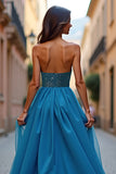 Blue Strapless Sweetheart A Line Long Prom Dress with Slit