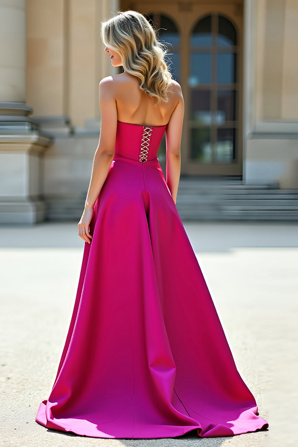 Fuchsia A Line Satin Sweetheart Floor Length Prom Dress with Slit