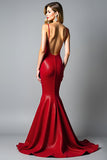 Glitter Mermaid Dark Red Spaghetti Straps Backless Long Prom Dress