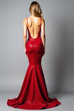Glitter Mermaid Dark Red Spaghetti Straps Backless Long Prom Dress