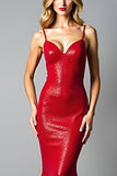 Glitter Mermaid Dark Red Spaghetti Straps Backless Long Prom Dress