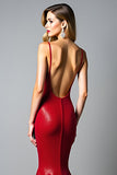 Glitter Mermaid Dark Red Spaghetti Straps Backless Long Prom Dress