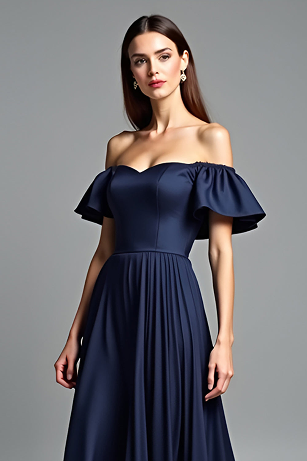 Navy Off the Shoulder Ruffled A Line Long Formal Dress