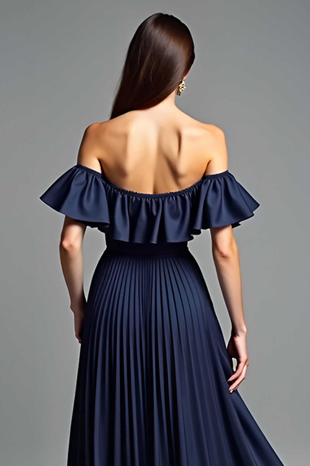 Navy Off the Shoulder Ruffled A Line Long Formal Dress