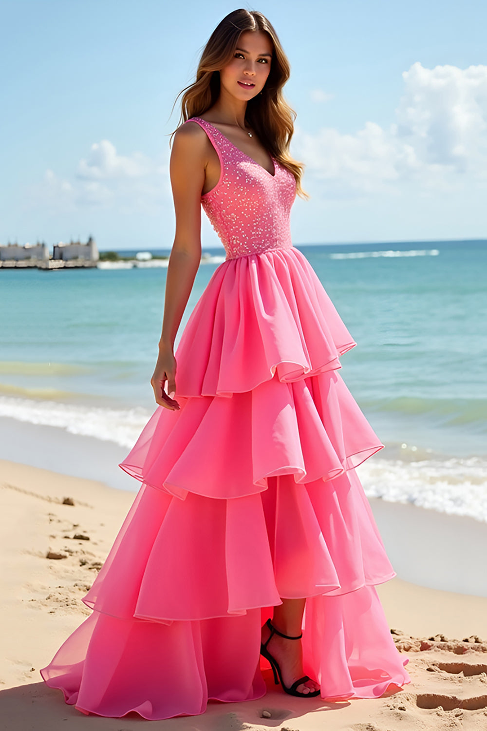 A Line Hot Pink V Neck Tiered Long Prom Dress