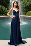 Navy A Line V Neck Chiffon Floor Length Wedding Guest Dress