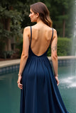 Navy A Line V Neck Chiffon Floor Length Wedding Guest Dress