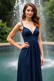 Navy A Line V Neck Chiffon Floor Length Wedding Guest Dress