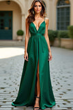 A Line Dark Green V Neck Backless Long Prom Dress with Slit