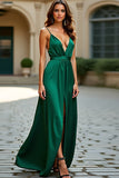 A Line Dark Green V Neck Backless Long Prom Dress with Slit