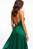 A Line Dark Green V Neck Backless Long Prom Dress with Slit