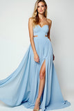 Blue Sweetheart A Line Long Wedding Guest Dress with Slit