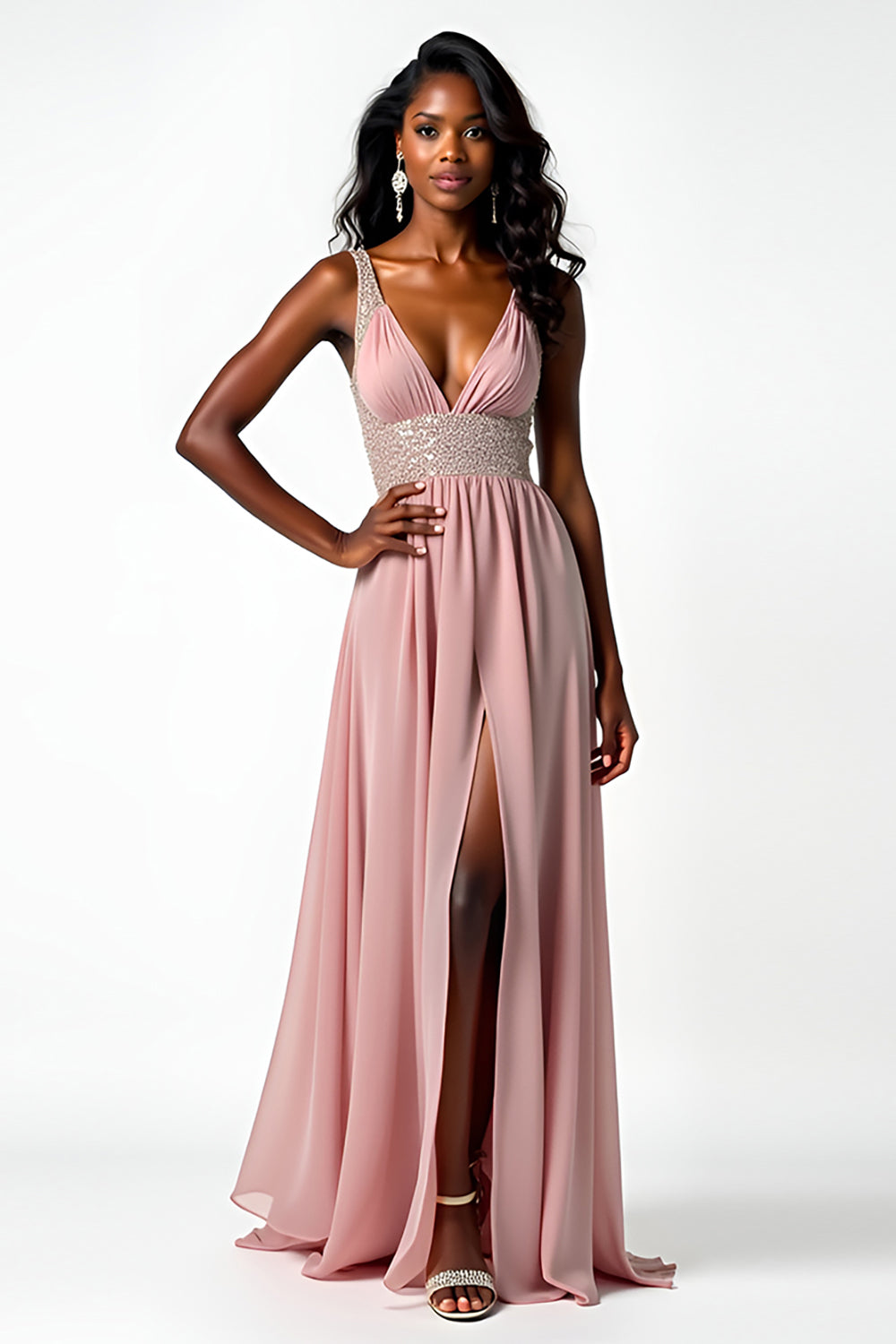 Blush V Neck A Line Beaded Chiffon Wedding Guest Dress with Slit