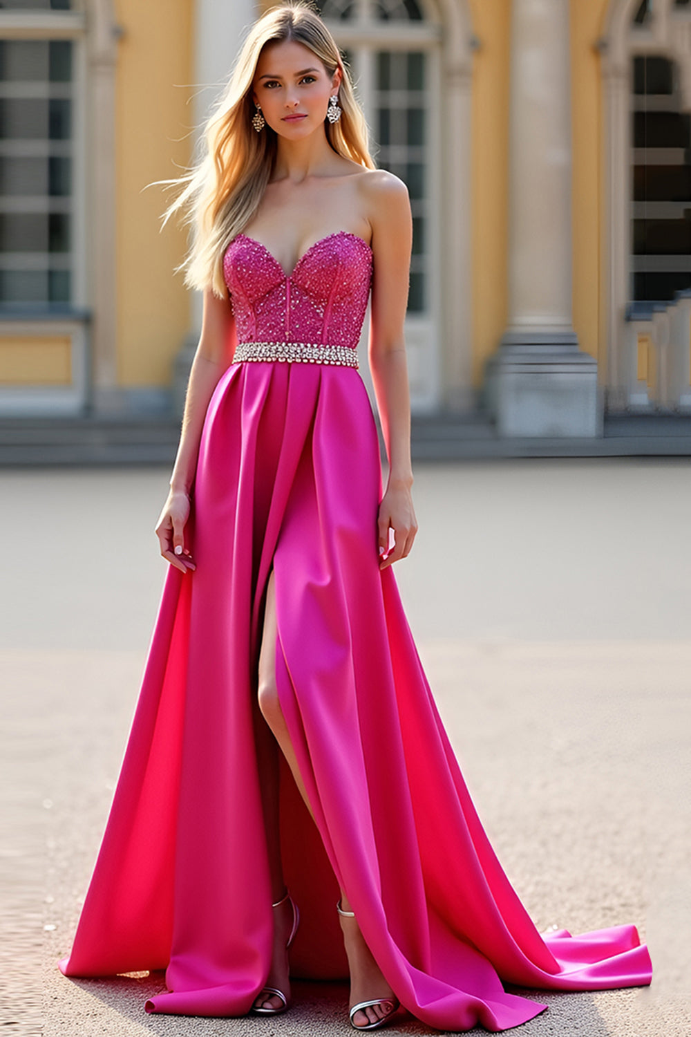 Sparkly Fuchsia Strapless Beaded A Line Long Prom Dress with Slit