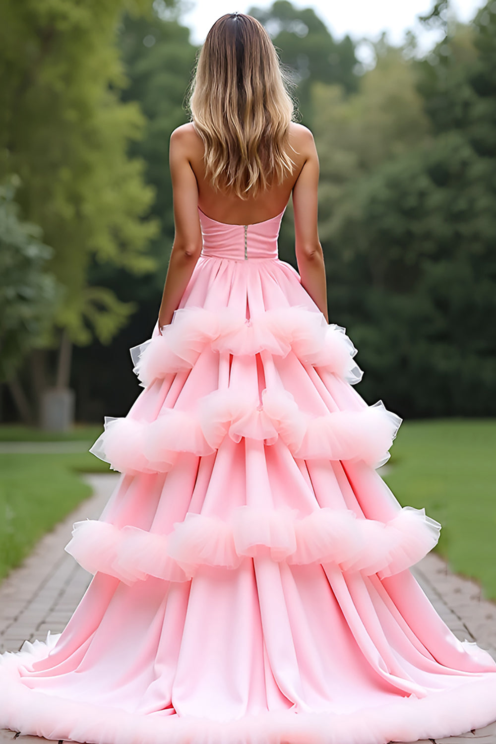 Pink Ball Gown Sweetheart Tiered Long Prom Dress with Ruffles