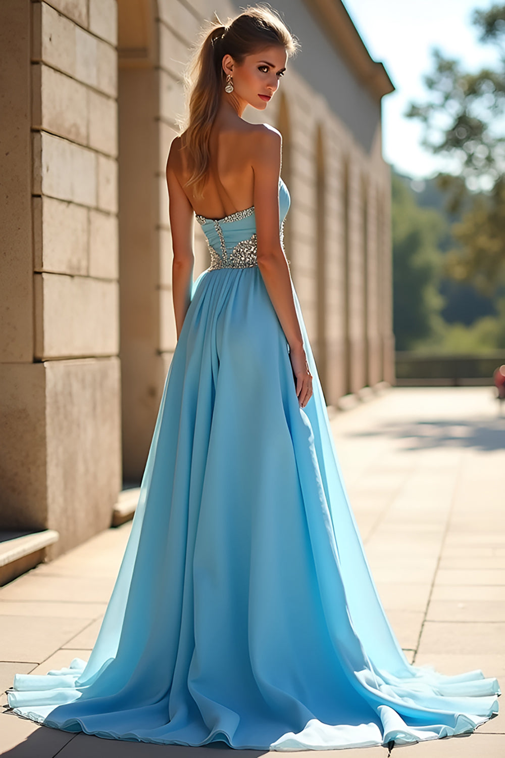 Blue A Line Strapless Beaded Chiffon Long Prom Dress with Slit