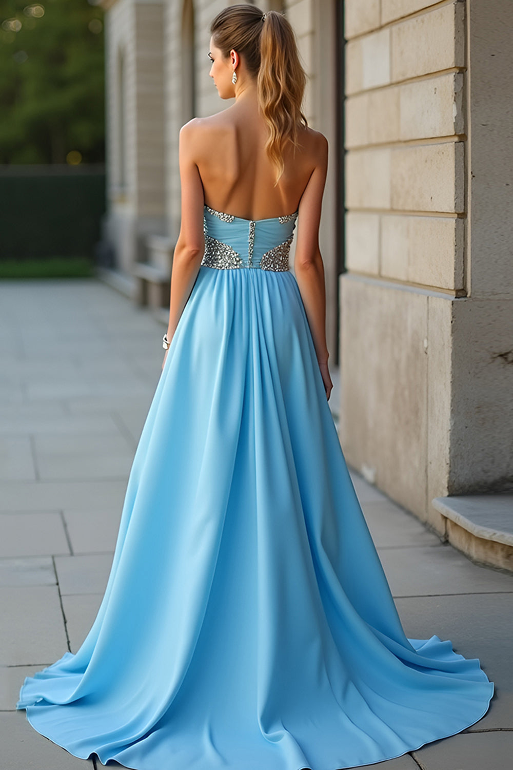 Blue A Line Strapless Beaded Chiffon Long Prom Dress with Slit