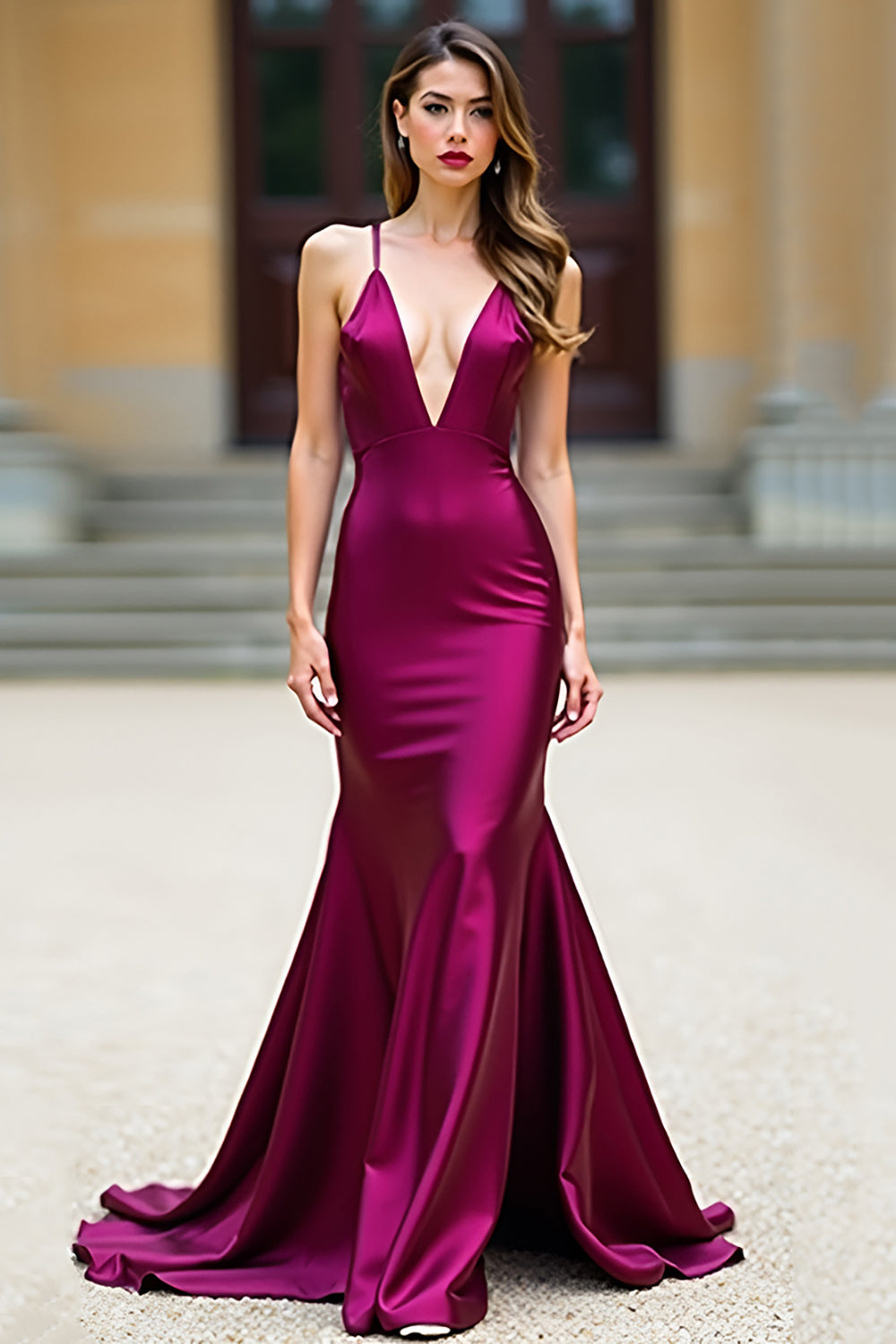 Dark Purple Spaghetti Straps V Neck Mermaid Long Prom Dress