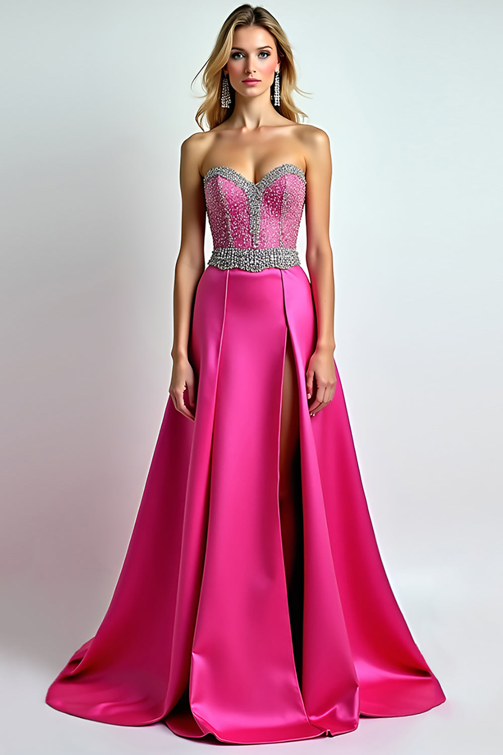 Glitter Beaded Fuchsia Strapless A Line Long Prom Dress with Slit