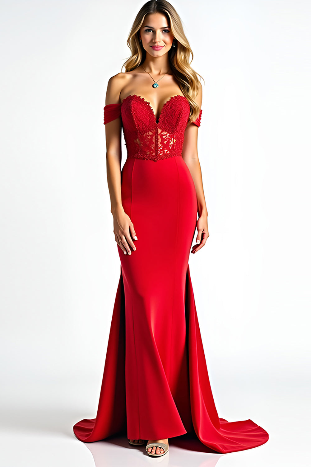 Red Off the Shoulder Lace Sheath Long Prom Dress