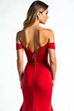 Red Off the Shoulder Lace Sheath Long Prom Dress