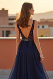 A Line V Neck Navy Lace Beaded Long Formal Dress