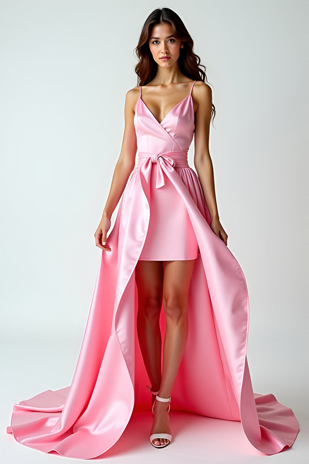 Pink V-Neck A Line Bow High-Low Prom Dress