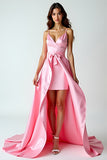 Pink V-Neck A Line Bow High-Low Prom Dress