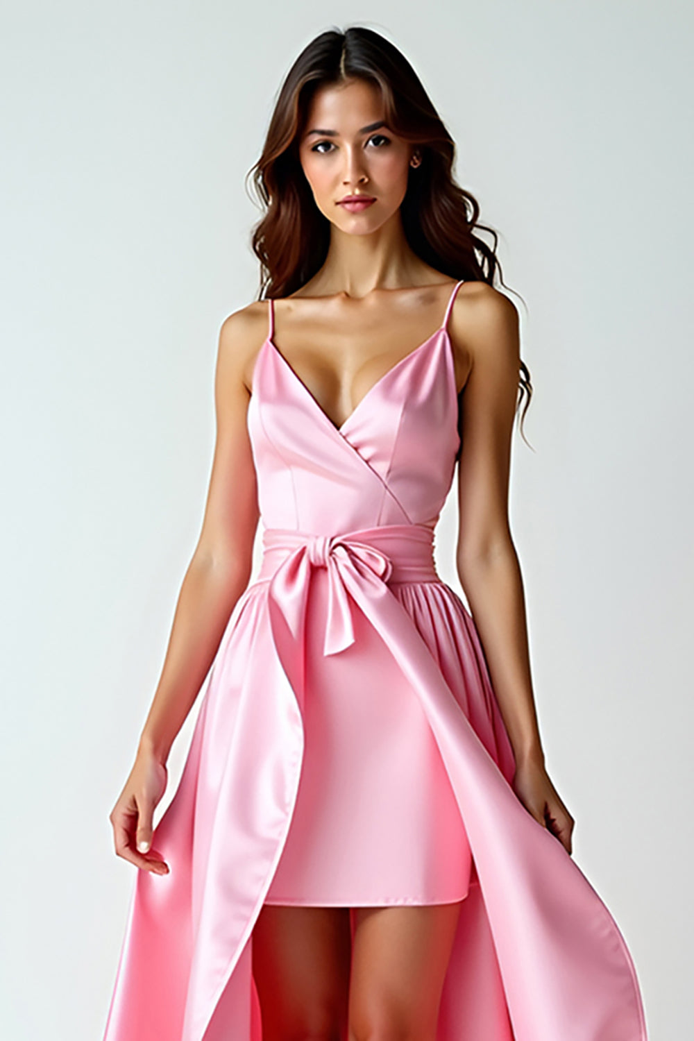 Pink V-Neck A Line Bow High-Low Prom Dress
