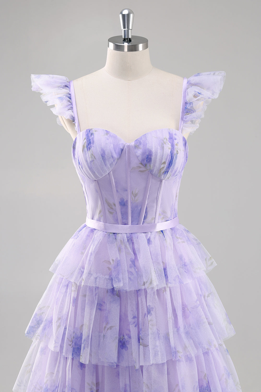 Lavender Corset Tiered Tulle Maxi Prom Dress with Slit