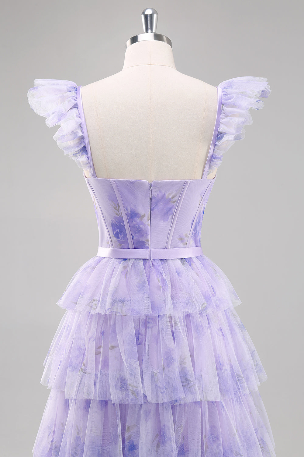 Lavender Corset Tiered Tulle Maxi Prom Dress with Slit