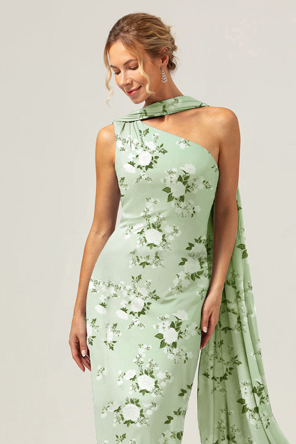 Green Flower One Shoulder Sheath Floral Bridesmaid Dress with Ribbon