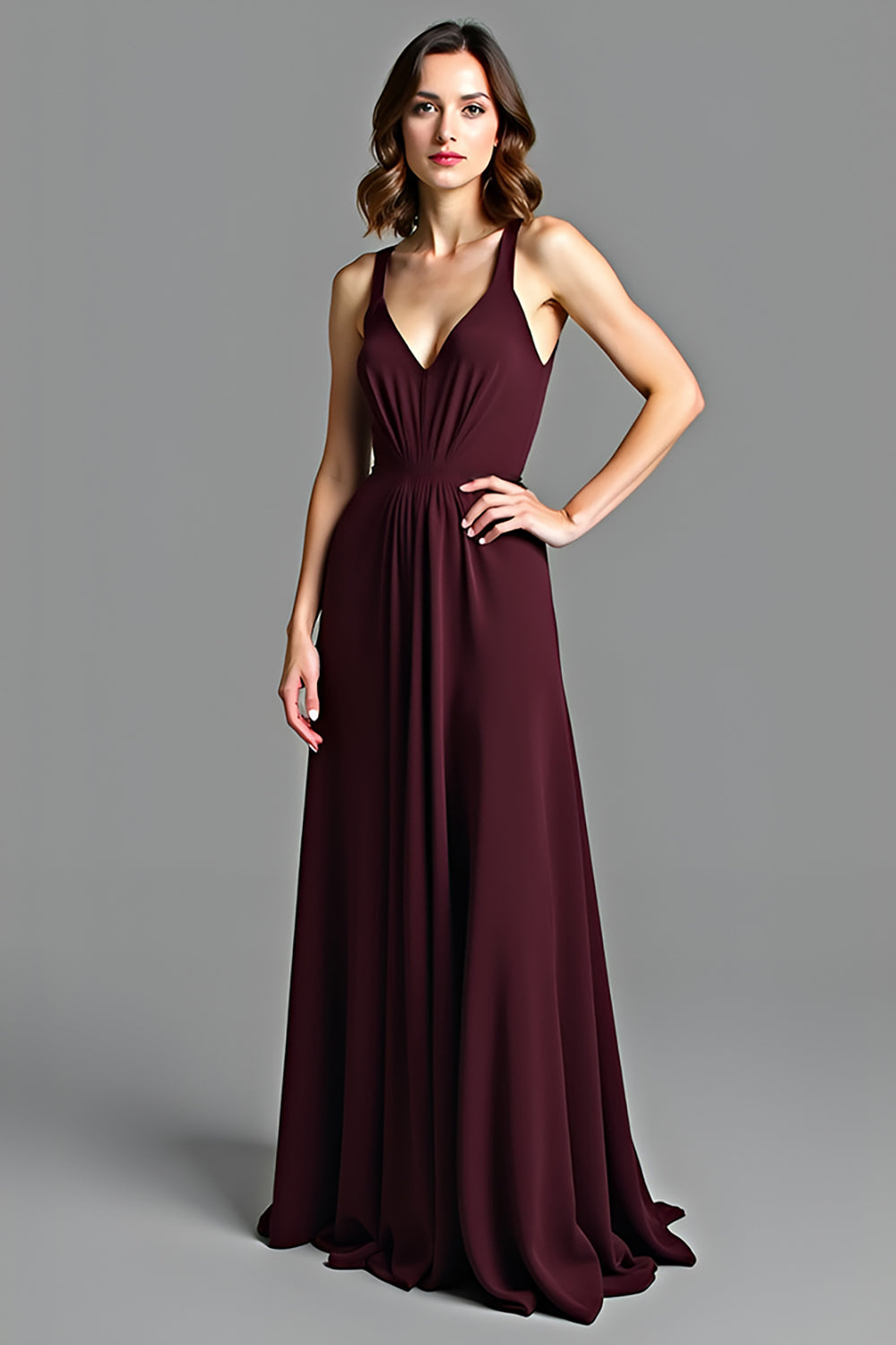 Cabernet V-Neck A Line Backless Long Formal Dress
