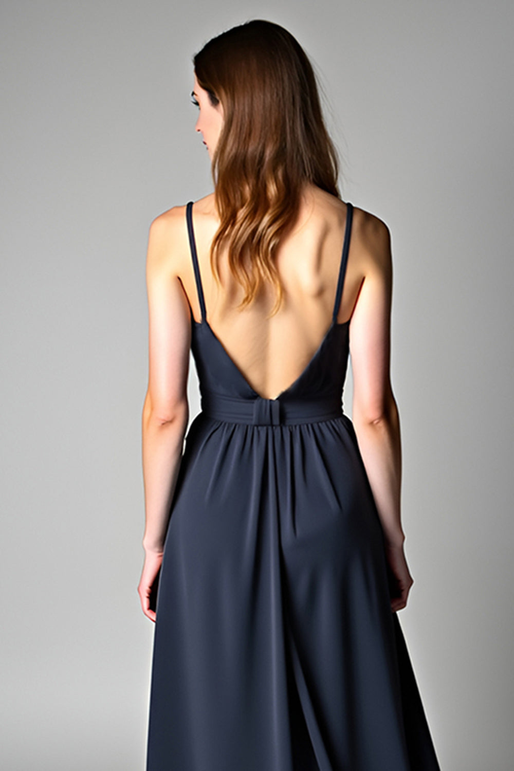 A Line Navy Spagehtti Straps Floor Length Chiffon Bridesmaid Dress