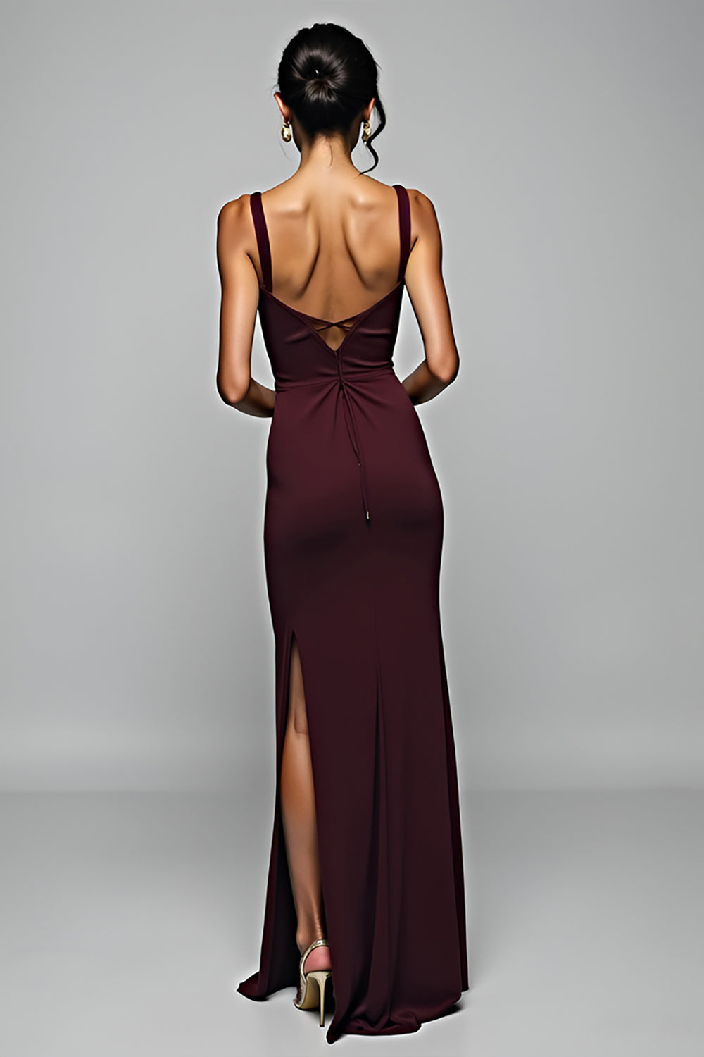 Cabernet V Neck Sheath Floor Length Formal Dress with Slit