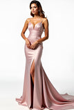 Dusty Rose Mermaid Spaghetti Straps Long Prom Dress with Slit