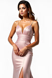 Dusty Rose Mermaid Spaghetti Straps Long Prom Dress with Slit