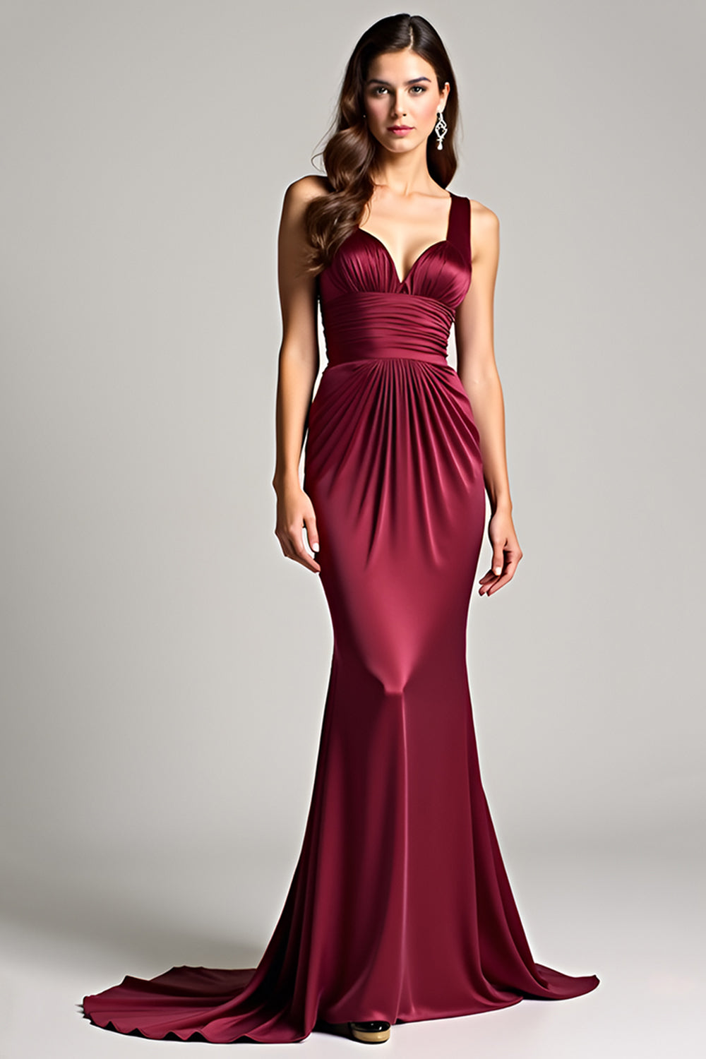 Elegant Burgundy Sheath Ruched Sweep Train Formal Dress