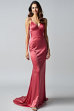 Watermelon Spaghetti Straps Sheath Ruched Long Formal Dress