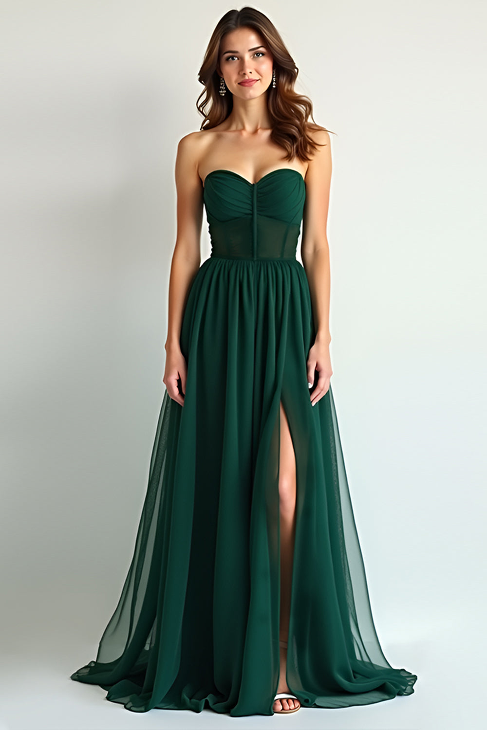 Dark Green Sweetheart A Line Chiffon Floor Length Bridesmaid Dress with Slit