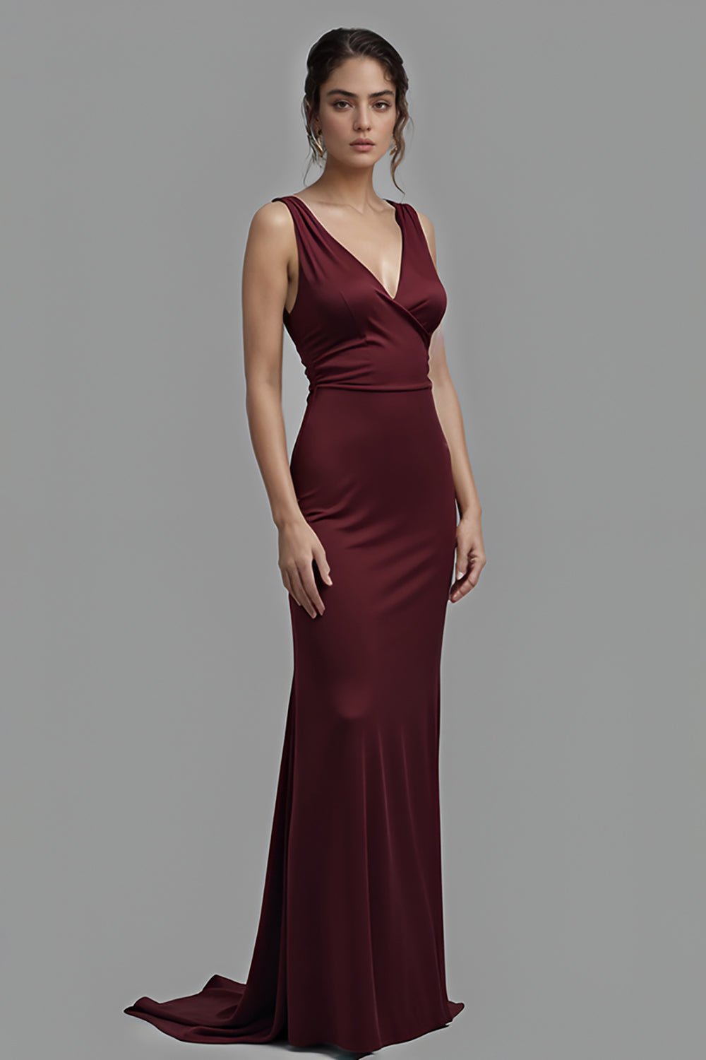 Cabernet V-Neck Sheath Satin Floor Length Formal Dress
