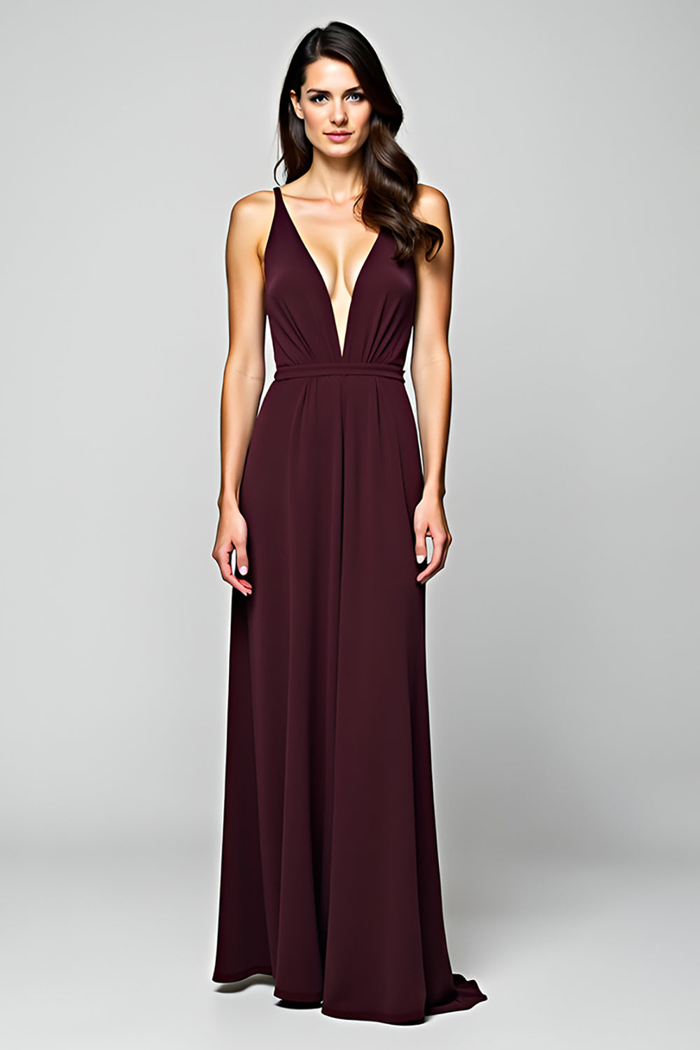 Simple Cabernet A Line Deep V-Neck Long Formal Dress
